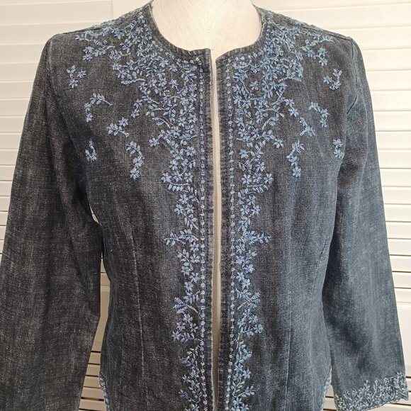 Chicos Denim Jacket Embroidered Blue Jean Open Front Womens Medium - Picture 3 of 12